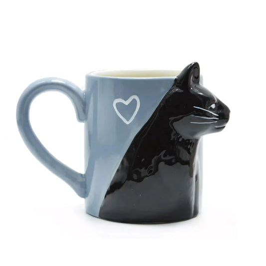 Cat-shaped mug with a blue body and black cat design on a white background