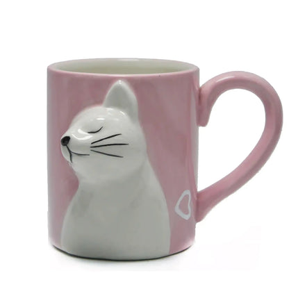 Pink mug with a cat design on a white background