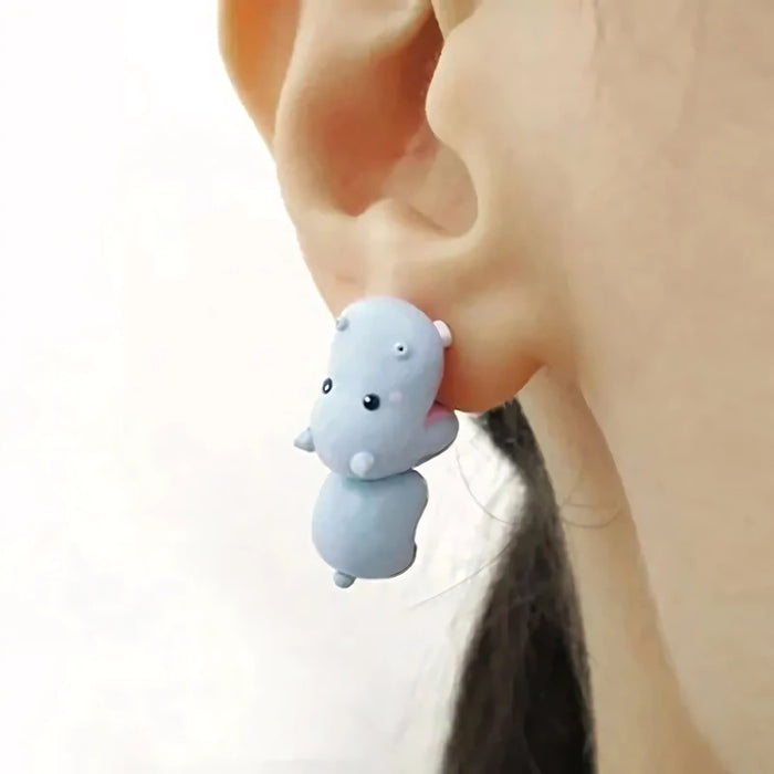 Blue hippo animal bite stud earrings