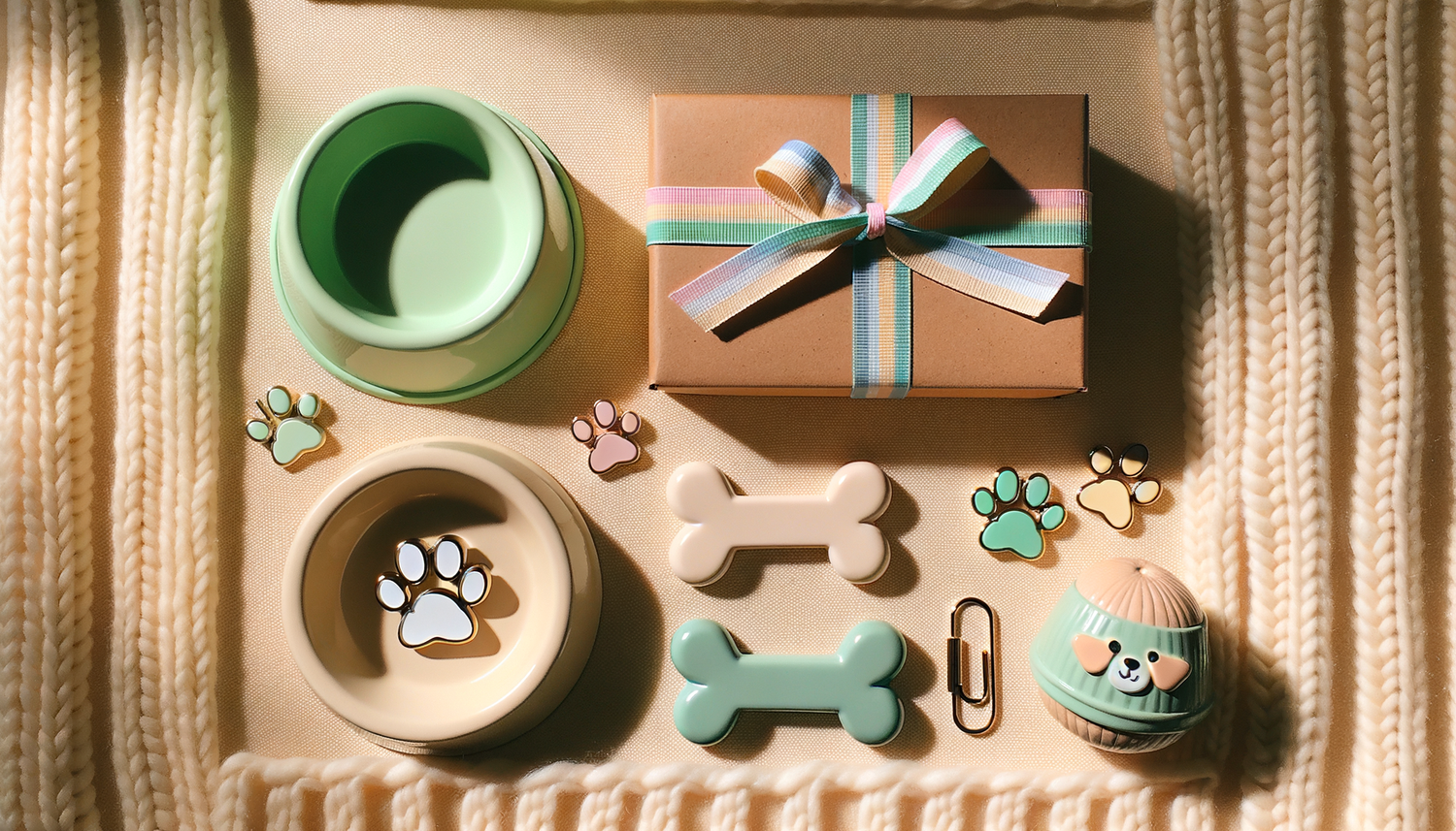 Pastel dog bowl, paw clips, gift box, enamel pin - perfect puppy parent presents.