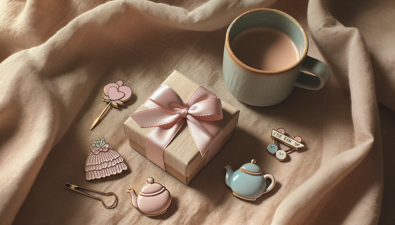 Mother's Day gift ideas flat lay with pastel mug, gift box, teapot pin.